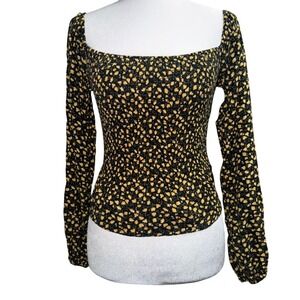 Hollister Smocked Floral Top Womens XS Black Yellow Excellent Square Neck Boho